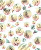 Fototapeta Do akwarium - The image shows a seamless pattern of leaves and circles on a white background. The leaves are mostly green, but there are also some yellow and orange leaves. The circles are a variety of colors, incl