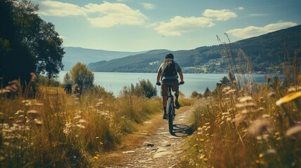 Wall Mural - Bike bicycle person on beautiful green landscape, Nature outdoor adventure vacation.