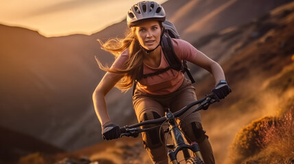 Wall Mural - Woman mountain biker riding on a trail in the mountains, Female cyclist on sports bike.