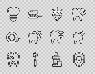 Wall Mural - Set line Tooth with caries, Dental protection, Diamond teeth, inspection mirror, implant, treatment procedure, Mouthwash plastic bottle and whitening concept icon. Vector