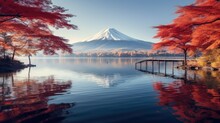 Fuji And Kawaguchiko Lake With Morning Fog In Autumn, Lak Kawaguchiko Is One Of The Best Places In Japan.