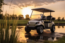 Golf Cart On Golf Course At Sunset.