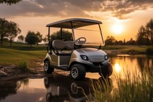 Golf Cart On Golf Course At Sunset.