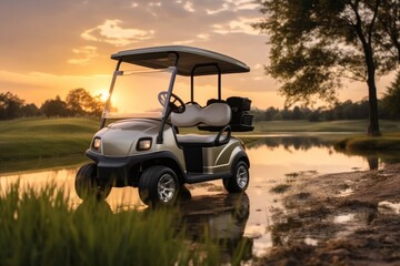 Wall Mural - Golf cart on golf course at sunset.