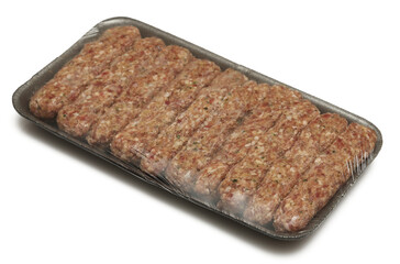 Wall Mural - package with sausage shaped minced meat, isolated