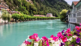 Fototapeta Londyn - River through Interlaken with pretty roses