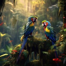 A Photo Of Two Parrots On Stone And Jungle Background. Generative Ai