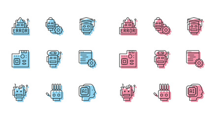 Sticker - Set line Broken robot, Mechanical hand, Error in, Humanoid, Robot low battery charge, Computer api interface, Motherboard digital chip and setting icon. Vector