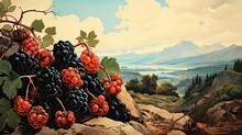 Blackberries Fruits Vintage Art Illustration. Natural Eco Food Design. Generative AI