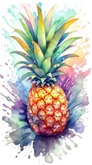  Watercolor style Pineapple fruit in colorful style illustration. Natural food painting art. Generative AI