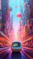 Wall Mural - A futuristic abstract cityscape with holographic buildings and flying vehicles. Colorful illustration art. Generative AI