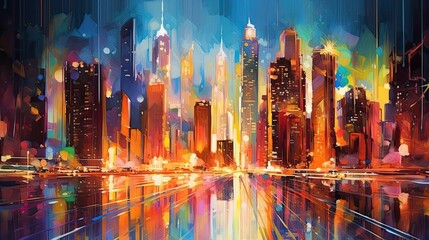 Wall Mural - A bold and dramatic abstract cityscape with towering skyscrapers and intense splashes of color, evoking a sense of urban vibrancy and dynamism. Colorful illustration art. Generative AI