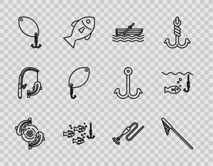 Canvas Print - Set line Fish, Fishing net, boat with oars on water, hook under fish, spoon, line and float and icon. Vector