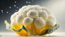 Close-up Of A Whole Fork Of Fresh Cauliflower With Water Drops.Generative AI