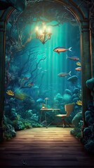 Wall Mural - An ethereal underwater cave with bioluminescent creatures and shimmering underwater light. Colorful illustration art. Generative AI