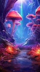 Wall Mural - A mystical forest with towering trees, glowing mushrooms, and a mystical aura. Colorful illustration art. Generative AI