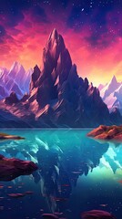 Wall Mural - An abstract mountain landscape with jagged peaks and a misty atmosphere, conveying a sense of grandeur and awe. Colorful illustration art. Generative AI