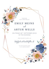 Sticker - Elegant wedding invite card. Pastel, watercolor style flowers with golden geometrical frame. Editable, floral vector illustration. Blue, pink anemone, white petals, blackberry, glitter bouquet, wreath