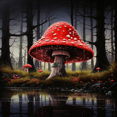 Wall Mural - Psychedelic art. fantastic and magical red  mushroom forest 