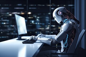 3d rendering humanoid robot working with computer in modern office at night, humanoid robot working with a computer in a office, A futuristic AI robot programming on a personal computer, AI Generated