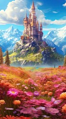 Wall Mural - A dreamy fairytale castle on a hill surrounded by blooming fields of flowers. Colorful illustration art. Generative AI
