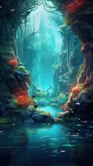 Wall Mural - An ethereal underwater cave with bioluminescent creatures and shimmering underwater light. Colorful illustration art. Generative AI