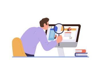 Male engineer quality assurance programmer character engaged in computer software debugging