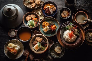 Wall Mural - Japanese Food - Top view of differnt japanese and chinese dishes, beautifully arranged and served on a dark wooden table. Image generated by artificial intelligence