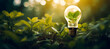 canvas print picture - Hand holding light bulb against nature on green leaf with energy sources, Sustainable developmen and responsible environmental, Energy sources for renewable, Ecology concept.