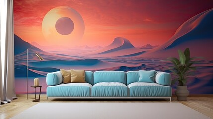 Wall Mural - An expansive desert with rolling sand dunes and a majestic sunset. Colorful illustration art. Generative AI