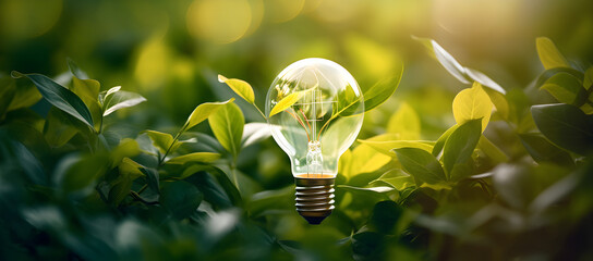 Wall Mural - hand holding light bulb against nature on green leaf with energy sources, sustainable developmen and