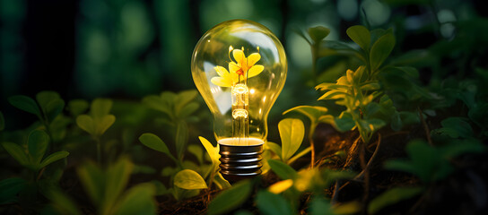 Wall Mural - Hand holding light bulb against nature on green leaf with energy sources, Sustainable developmen and responsible environmental, Energy sources for renewable, Ecology concept.