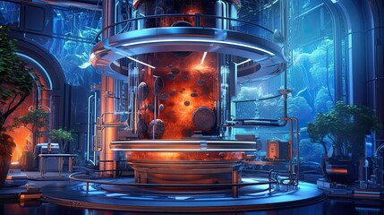 Wall Mural - A futuristic laboratory with high-tech equipment and glowing blue test tubes. Colorful illustration art. Generative AI