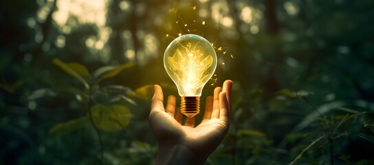 Wall Mural - hand holding light bulb against nature on green leaf with energy sources, sustainable developmen and
