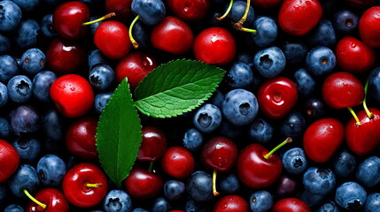 Wall Mural - Blueberries,cherries and leaves top view background.Generative AI