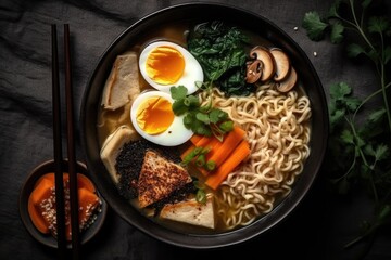 Wall Mural - Asian noodle soup, ramen with chicken, tofu, vegetables and egg in black bowl. Slate background. Top view. Image generated by artificial intelligence