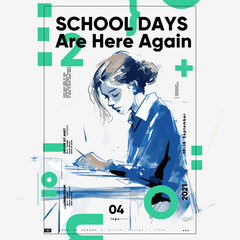 Wall Mural - Back to School. First day of school. Banner vector illustration background. A young girl reading a book.. Typography poster design and vectorized watercolor illustrations on a background. 