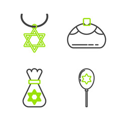 Poster - Set line Balloons with ribbon with star of david, Jewish money bag, sweet bakery and Star David necklace chain icon. Vector