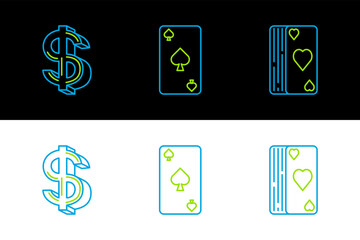 Sticker - Set line Deck of playing cards, Dollar symbol and Playing with spades icon. Vector