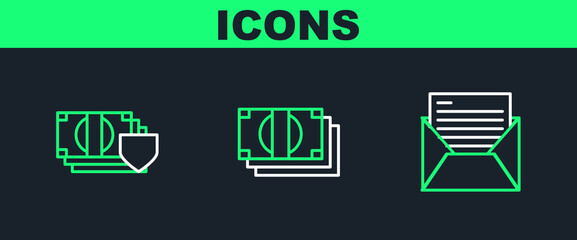 Poster - Set line Mail and e-mail, Money with shield and Stacks paper money cash icon. Vector