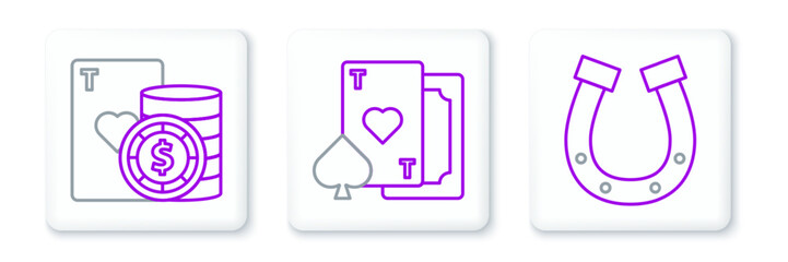 Poster - Set line Horseshoe, Casino chip and playing cards and Playing with heart icon. Vector