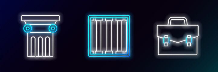 Poster - Set line Briefcase, Law pillar and Prison window icon. Glowing neon. Vector