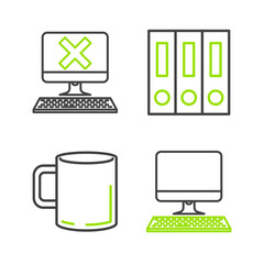 Wall Mural - Set line Computer monitor with keyboard, Coffee cup flat, Office folders papers and documents and x mark icon. Vector