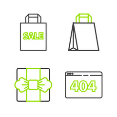 Sticker - Set line Page with a 404 error, Gift box, Paper shopping bag and Shoping Sale icon. Vector