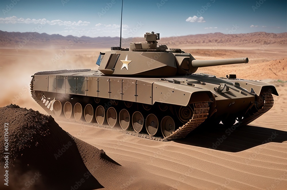 Armored tank crosses a mine field during war, desert landscape with ...