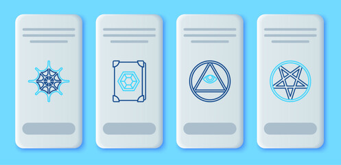 Set line Ancient magic book, Masons, Spider web and Pentagram in circle icon. Vector