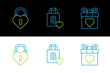 Poster - Set line Gift box and heart, Castle in the shape of and Shopping bag with icon. Vector