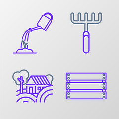 Sticker - Set line Wooden box, Farm House concept, Garden rake and Watering can with water icon. Vector