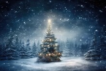 Art Merry Christmas And Happy Holidays Greeting Card, Frame, Banner. Decorated Christmas Tree In Winter Forest. New Year. Noel. Image Generated By Artificial Intelligence