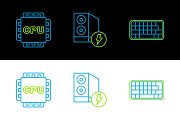 Canvas Print - Set line Keyboard, Processor with CPU and Case of computer icon. Vector